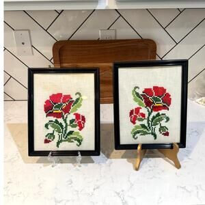 framed vintage needlepoint or cross-stitch artwork red floral designs 60s 70s